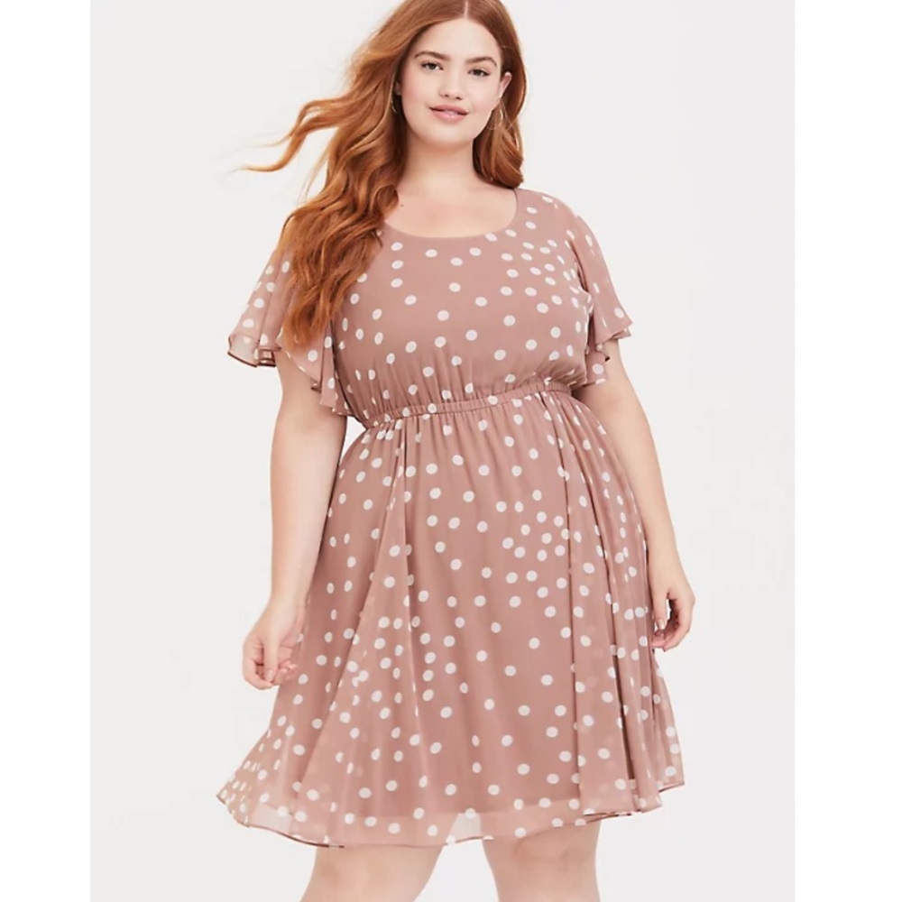 TORRID TAN POLKA DOT CHIFFON SKATER DRESS